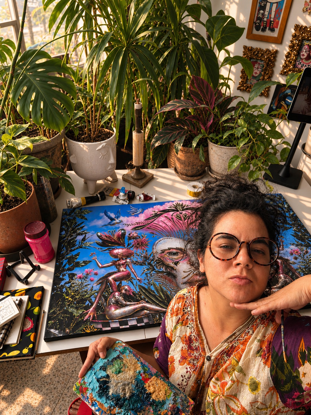 Carla Bresciani junto a una obra terminada en su taller, rodeada de plantas