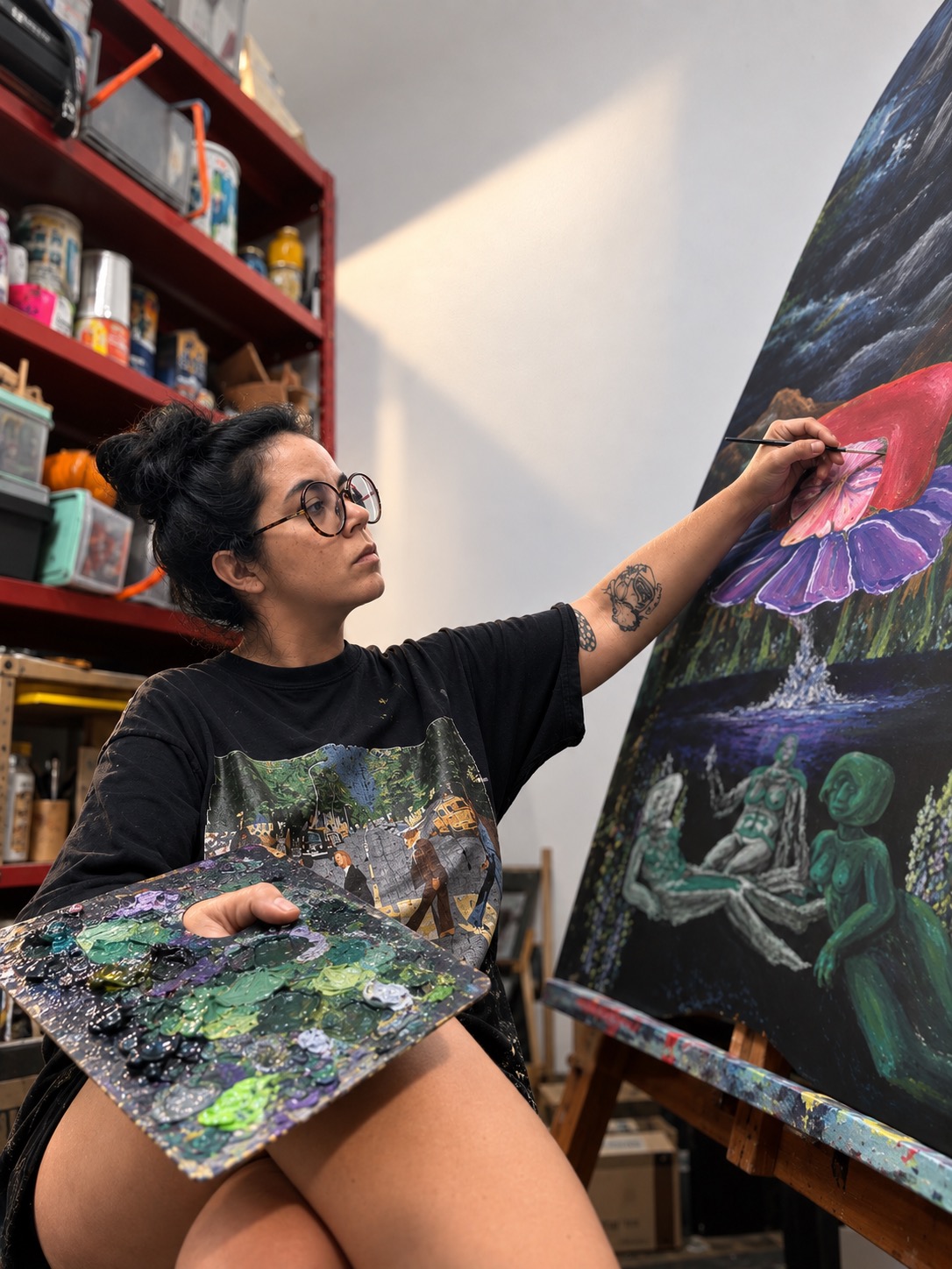 Carla Bresciani pintando en su taller, sosteniendo la paleta frente a un lienzo de gran formato